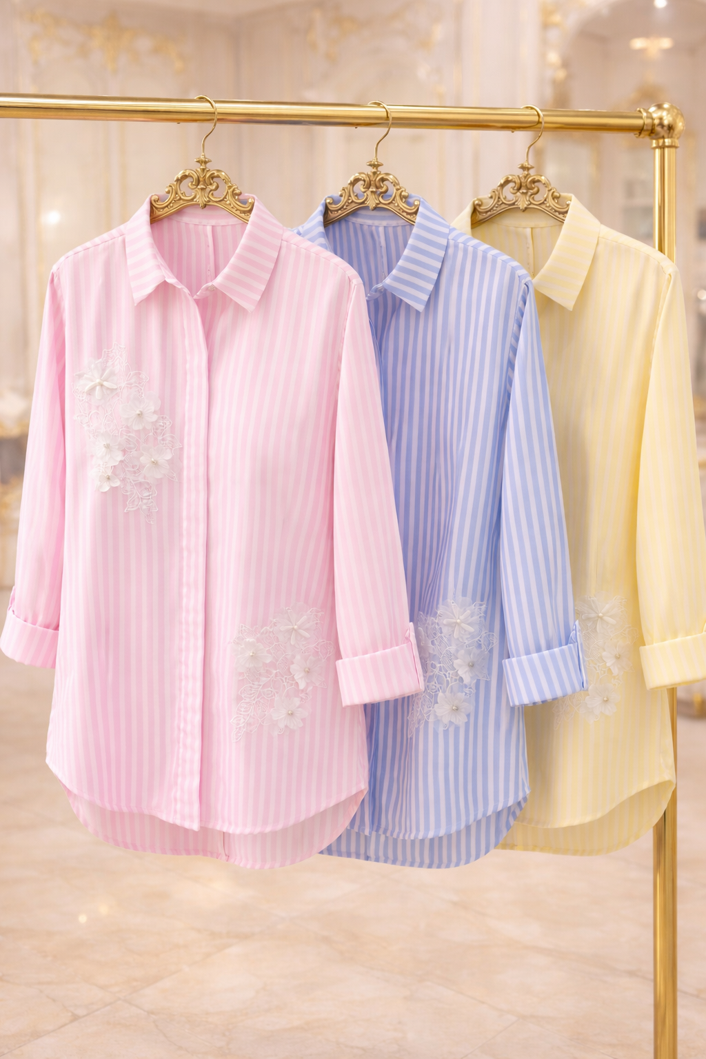 Penny Pinstripe Floral Applique Oversized Shirt - Lemon/White (One Size/Curvy - fitting from Size 16 up to Size 20)