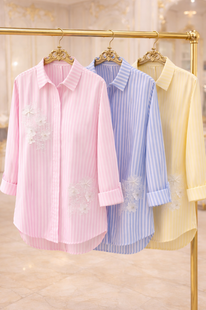 Penny Pinstripe Floral Applique Oversized Shirt - Lemon/White (One Size/Curvy - fitting from Size 16 up to Size 20)