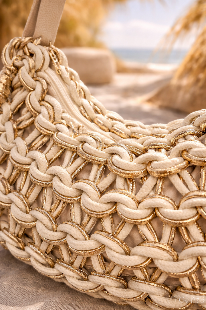 Marbella Gold Metallic Rope Bag - Cream/Gold