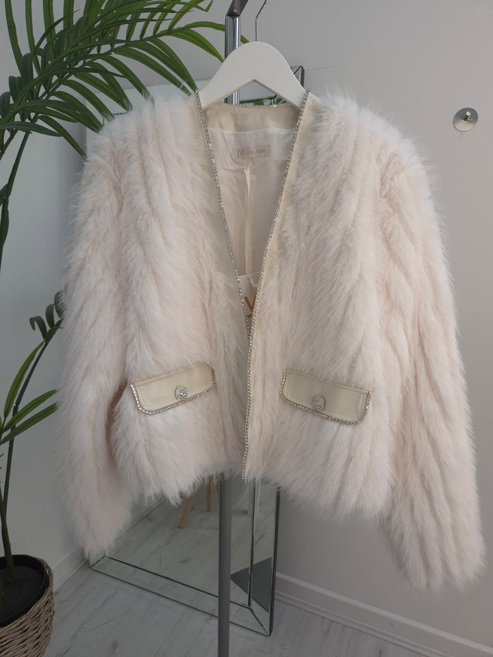 Oslo Crystal Faux Fur Jacket - Winter White - (One Size fits from Size 10 to Size 16)
