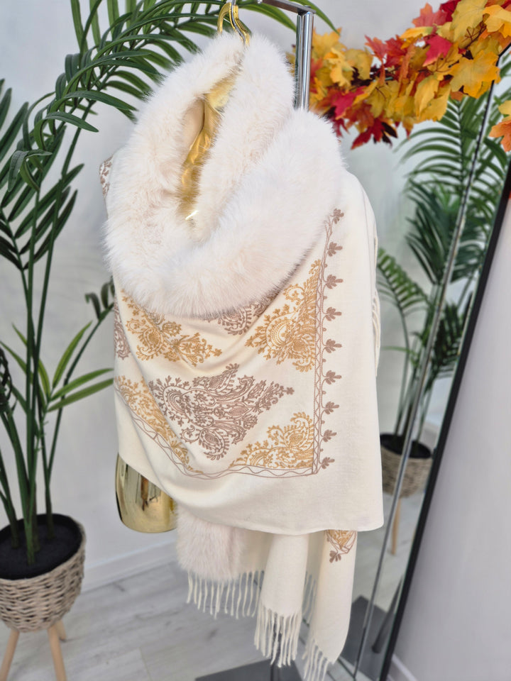 Oslo Faux Fur Shawl/Wrap - Winter White/Gold (Oversized)