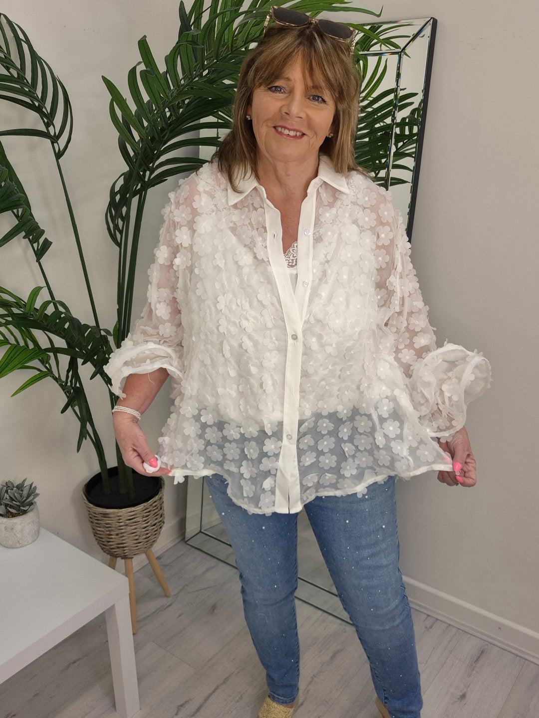 Alba Daisy Double Fluted Sleeve Blouse - White (Oversized)
