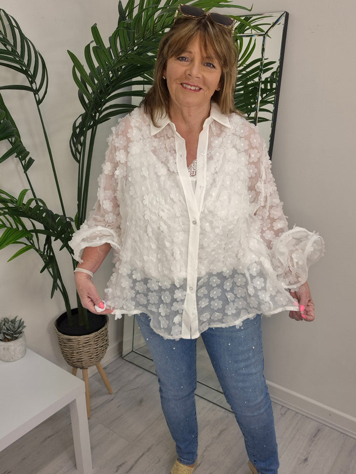 Alba Daisy Double Fluted Sleeve Blouse - White (Oversized)