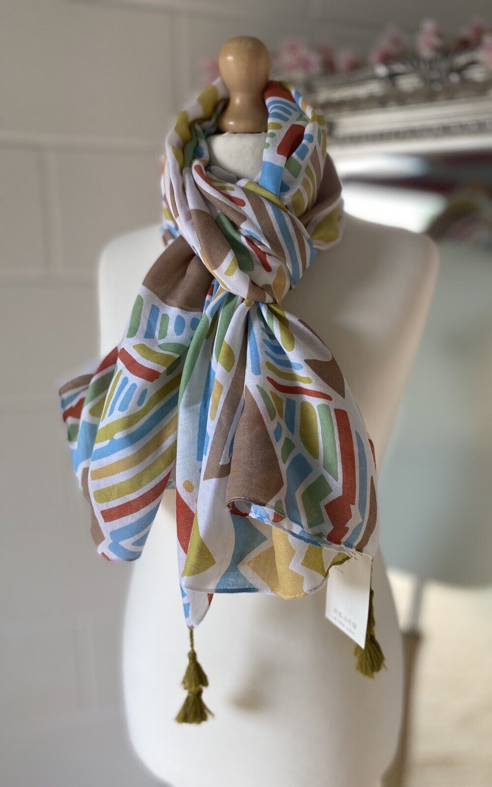 Abstract Scarf - Olive Tassels
