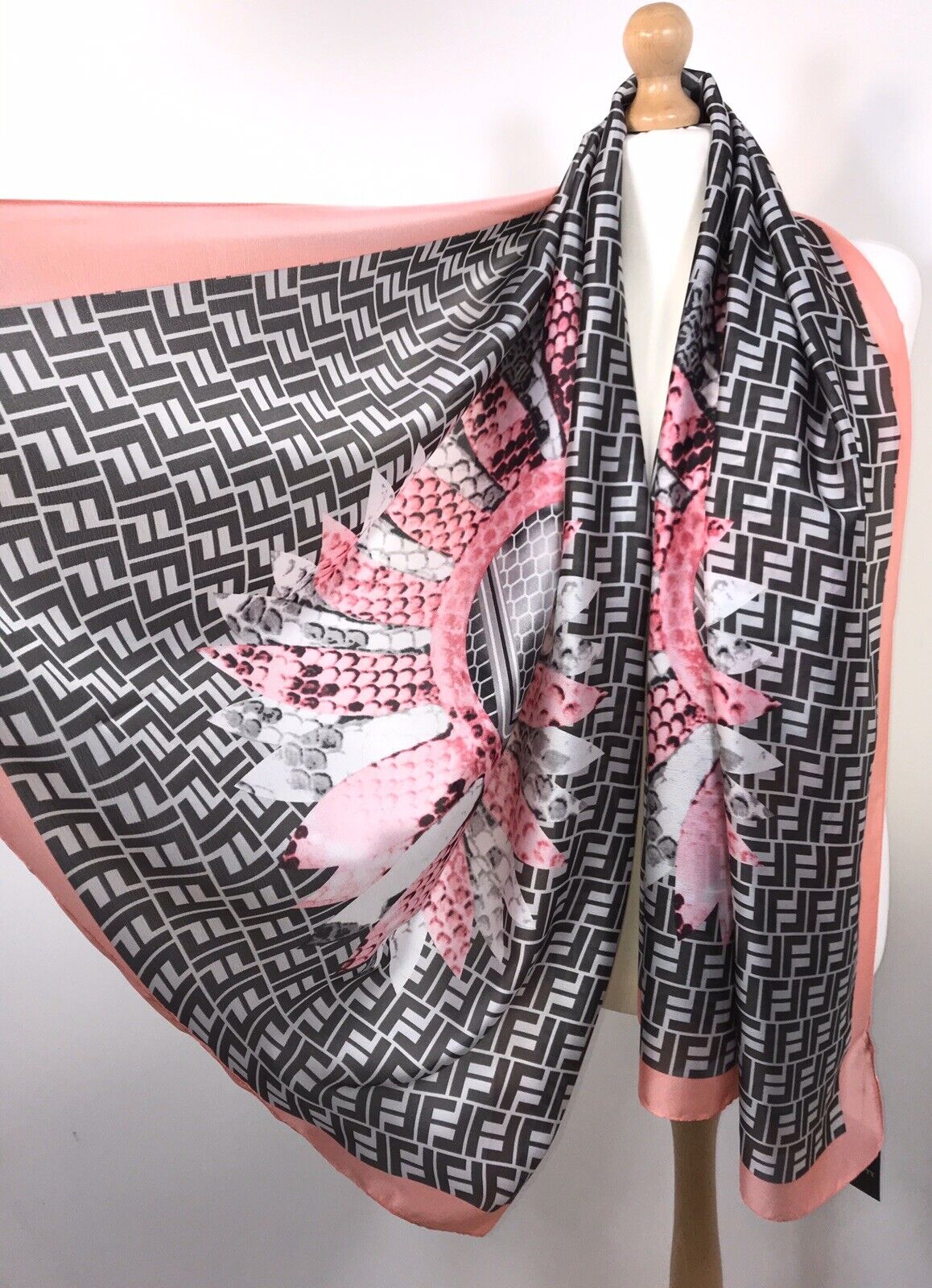 Snake and Feather Print Scarf - Pink & Black