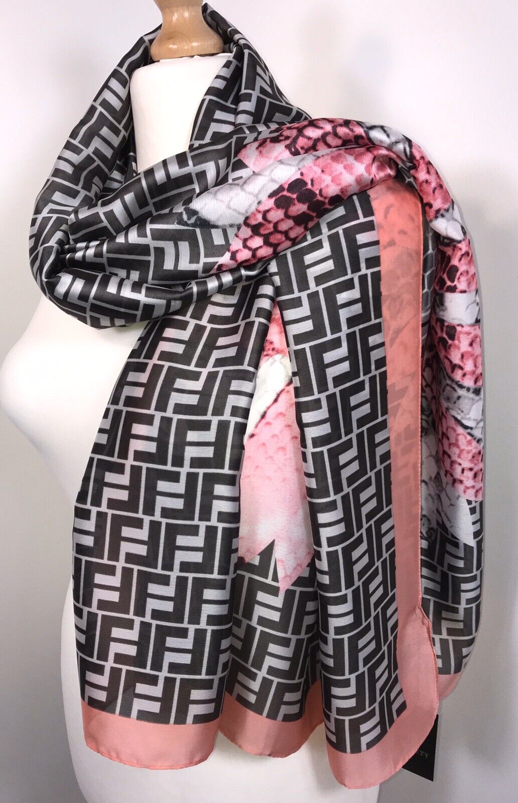 Snake and Feather Print Scarf - Pink & Black