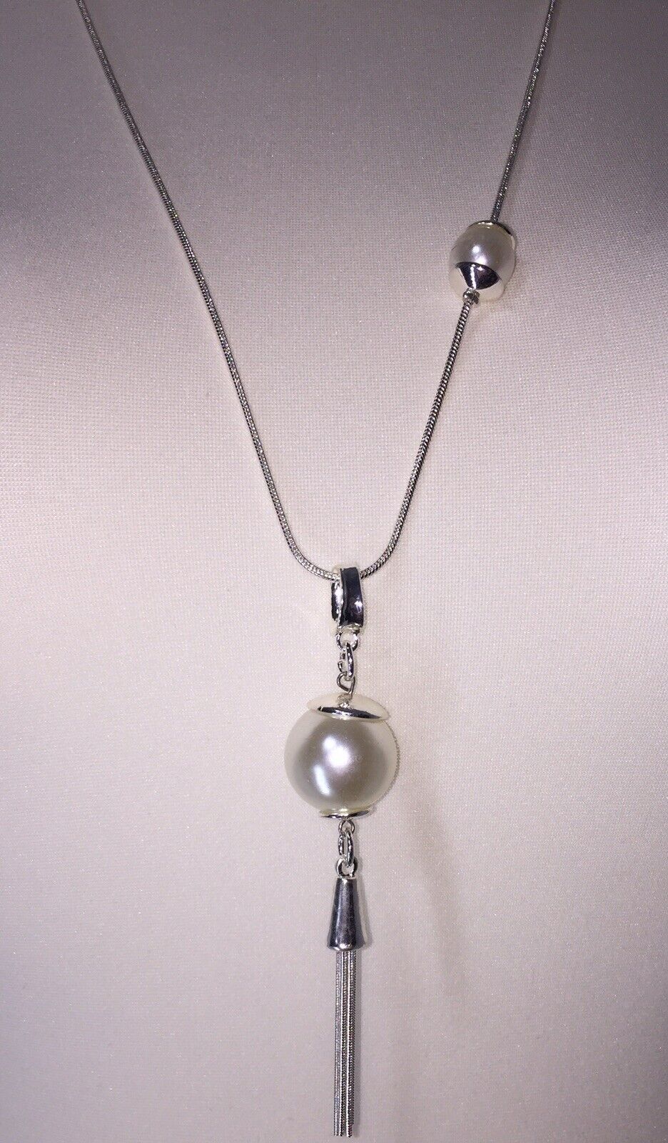 Snake Chain Pearl Tassel Necklace - Silver