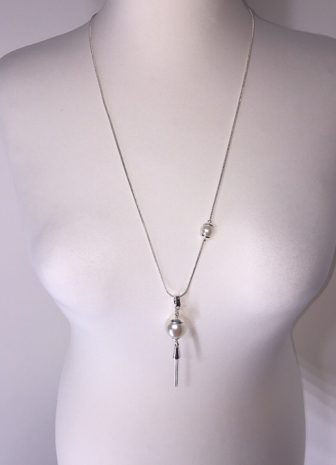 Snake Chain Pearl Tassel Necklace - Silver