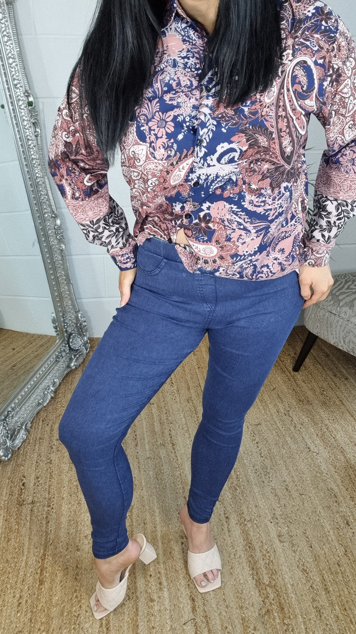 High Waisted Denim Jeggings - Blue