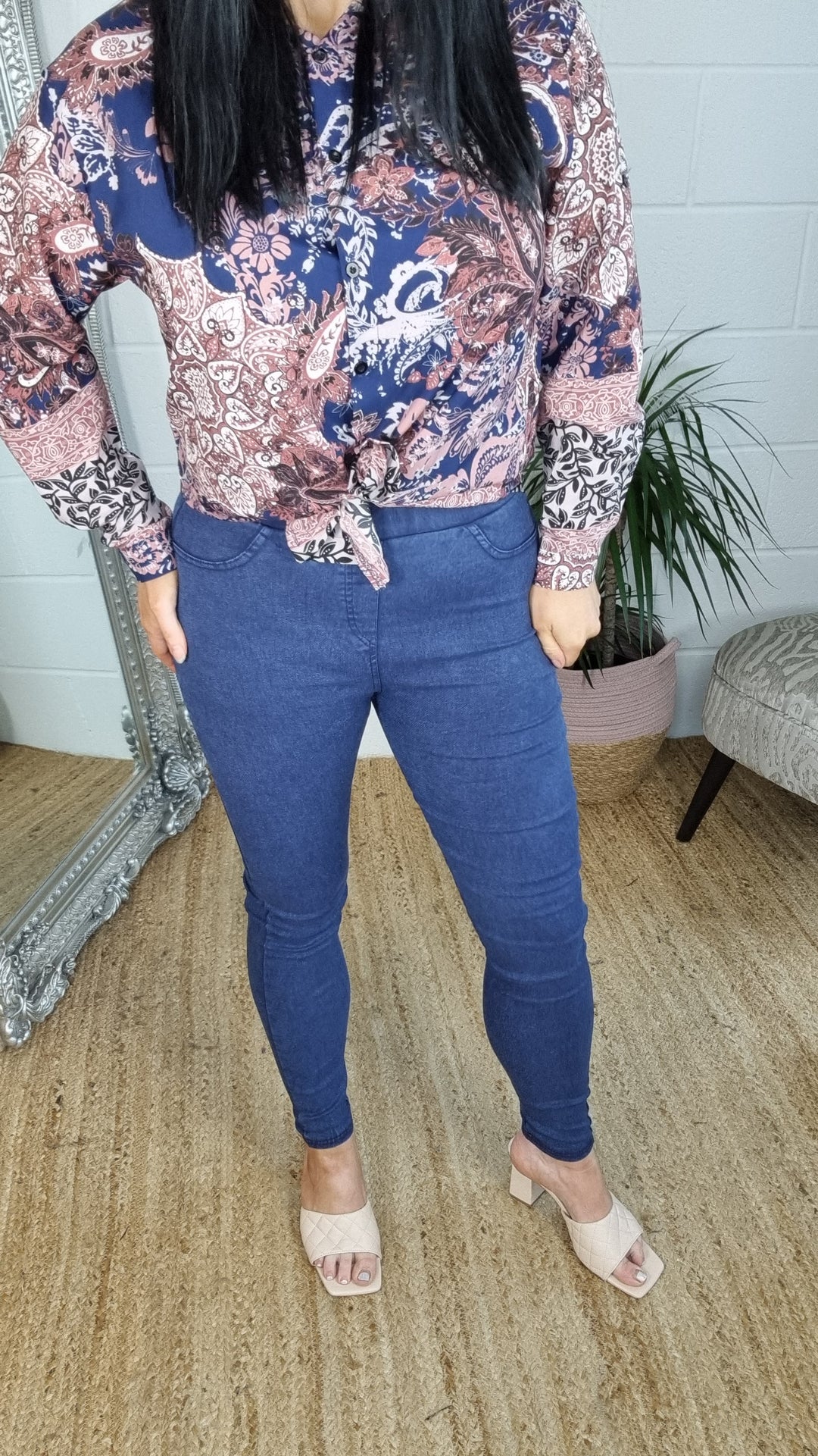 High Waisted Denim Jeggings - Blue