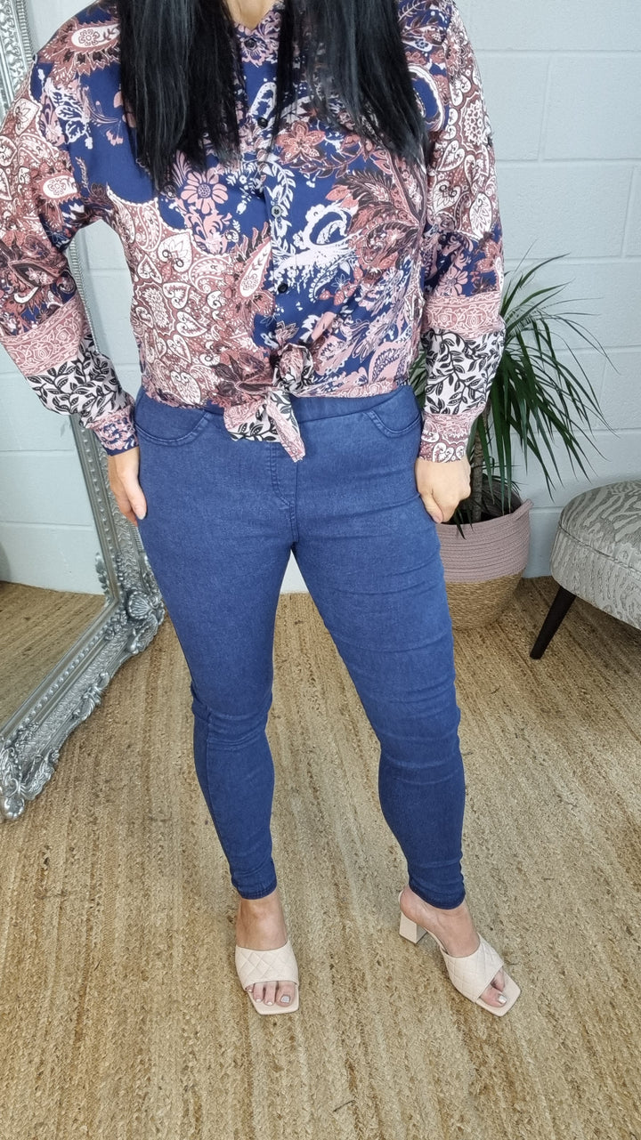 High Waisted Denim Jeggings - Blue