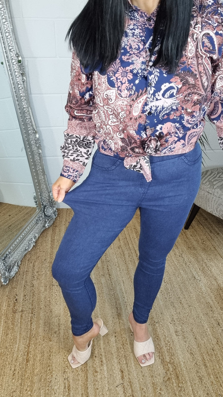 High Waisted Denim Jeggings - Blue