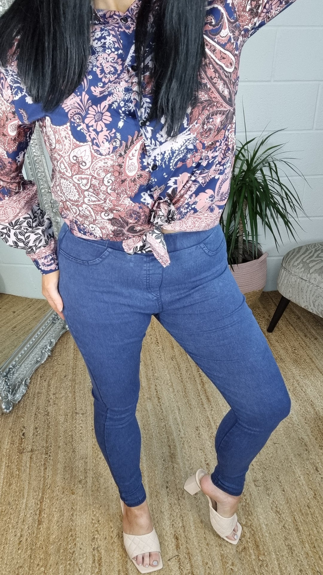 High Waisted Denim Jeggings - Blue