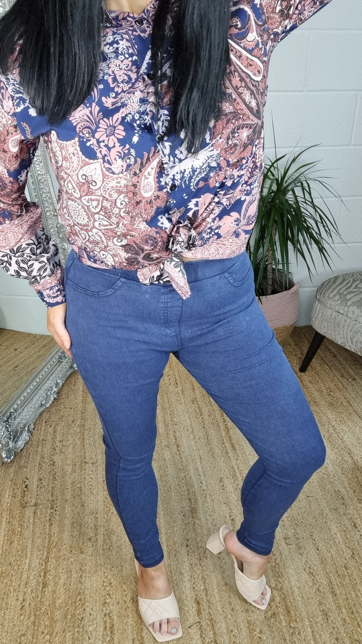 High Waisted Denim Jeggings - Blue