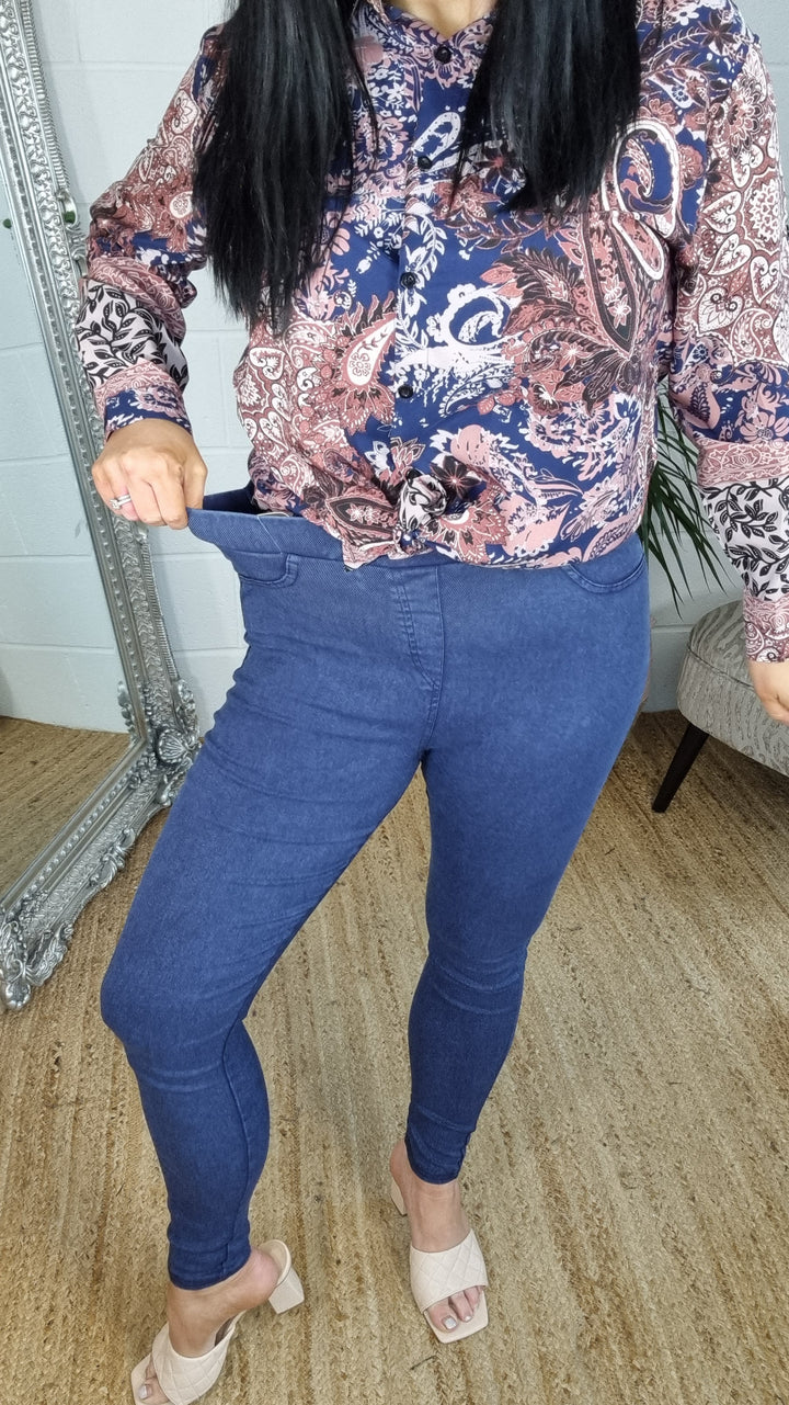 High Waisted Denim Jeggings - Blue