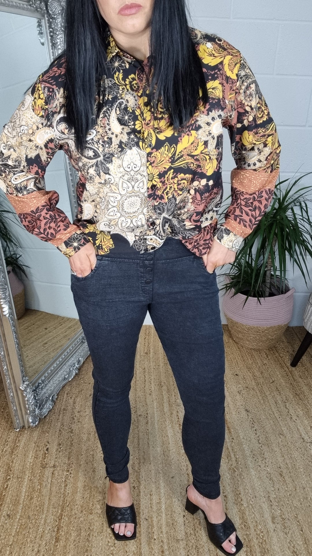 High Waisted Button Denim Jeggings - Black (Size 14)