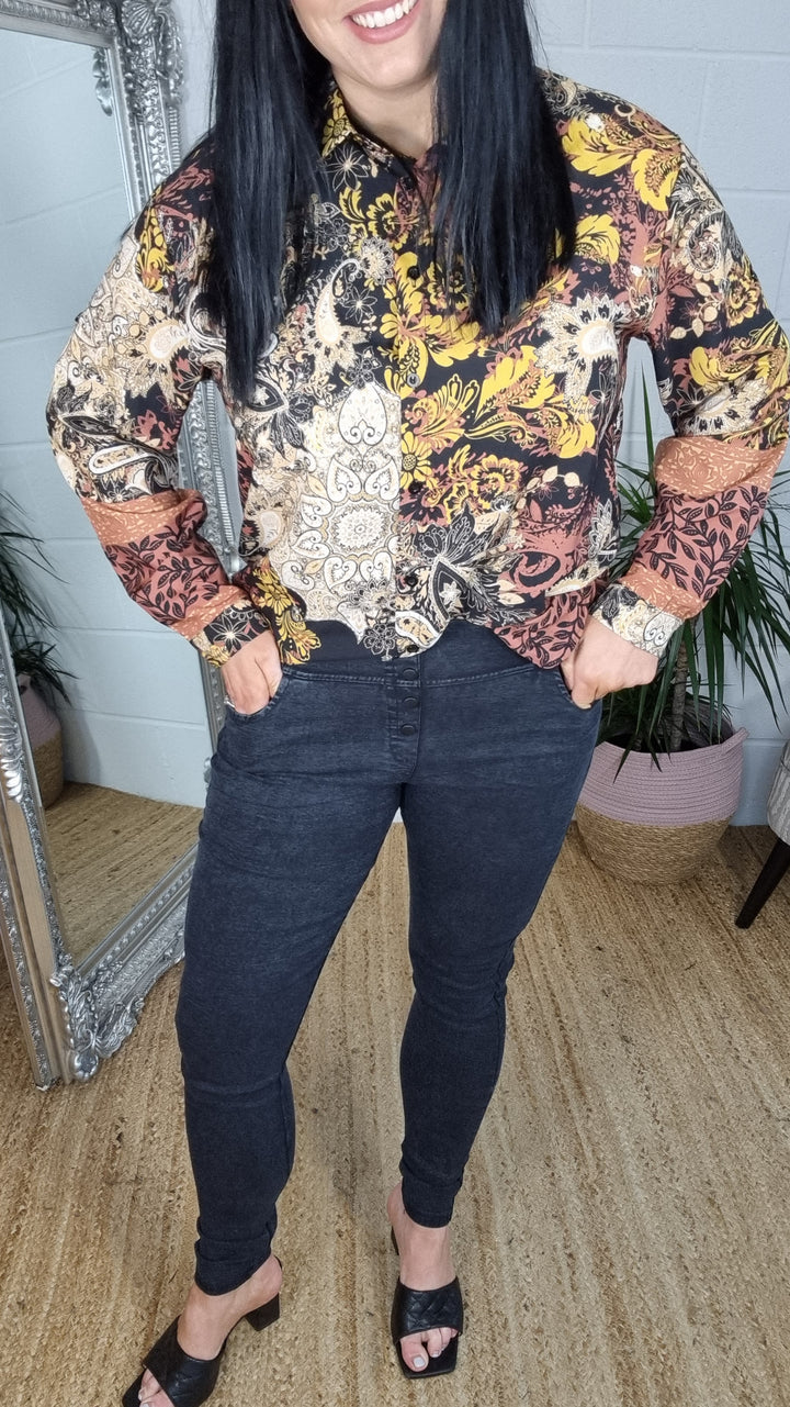 High Waisted Button Denim Jeggings - Black (Size 14)