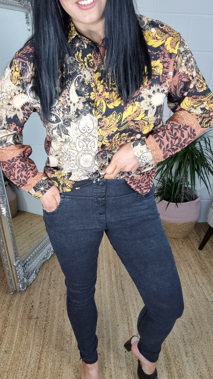 High Waisted Button Denim Jeggings - Black (Size 14)