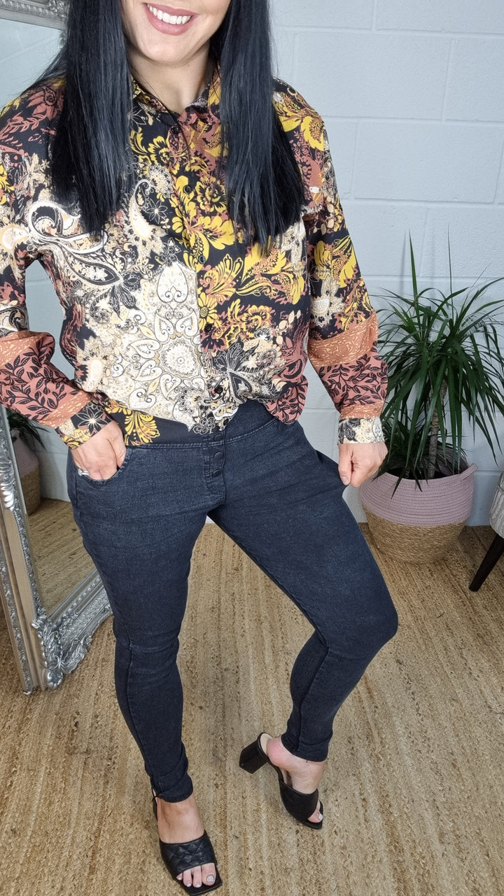 High Waisted Button Denim Jeggings - Black (Size 14)