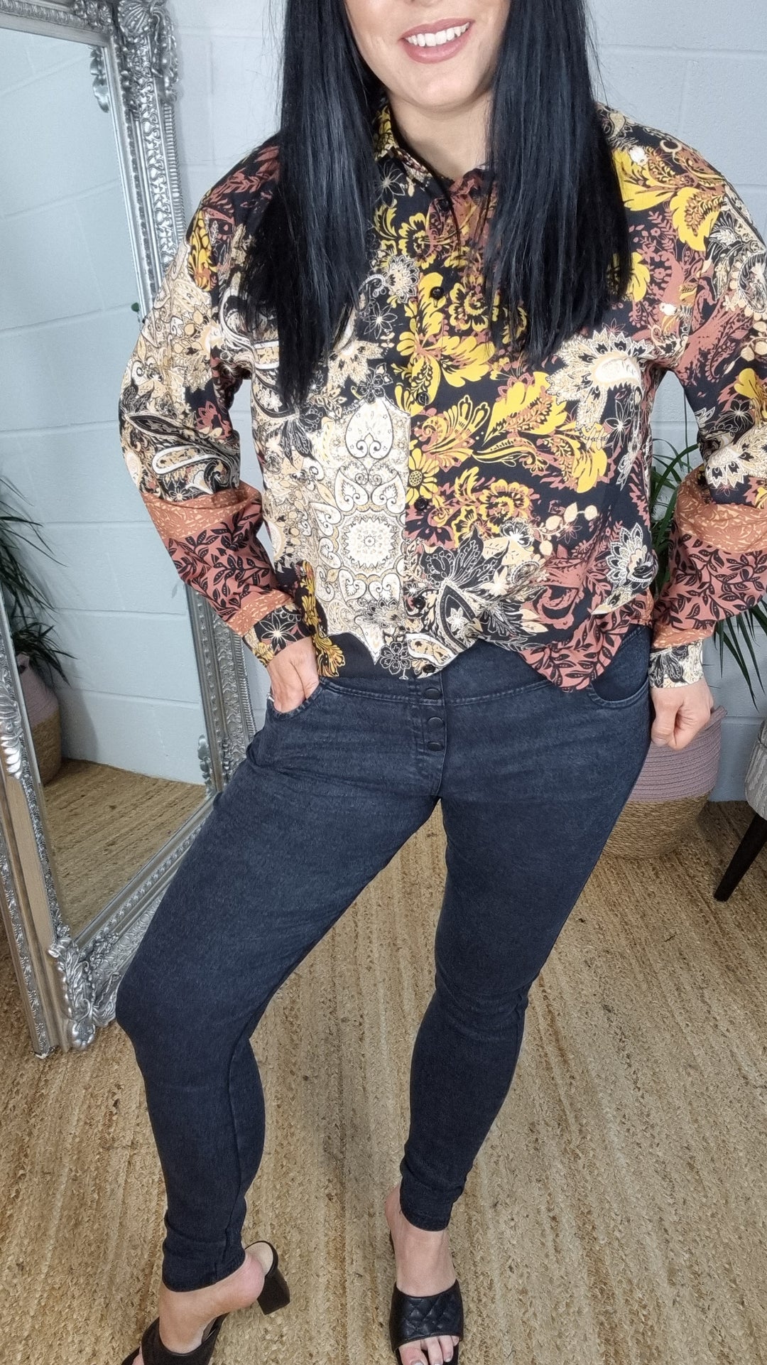 High Waisted Button Denim Jeggings - Black (Size 14)