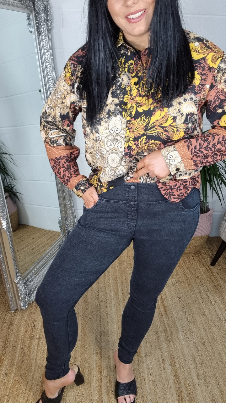 High Waisted Button Denim Jeggings - Black (Size 14)