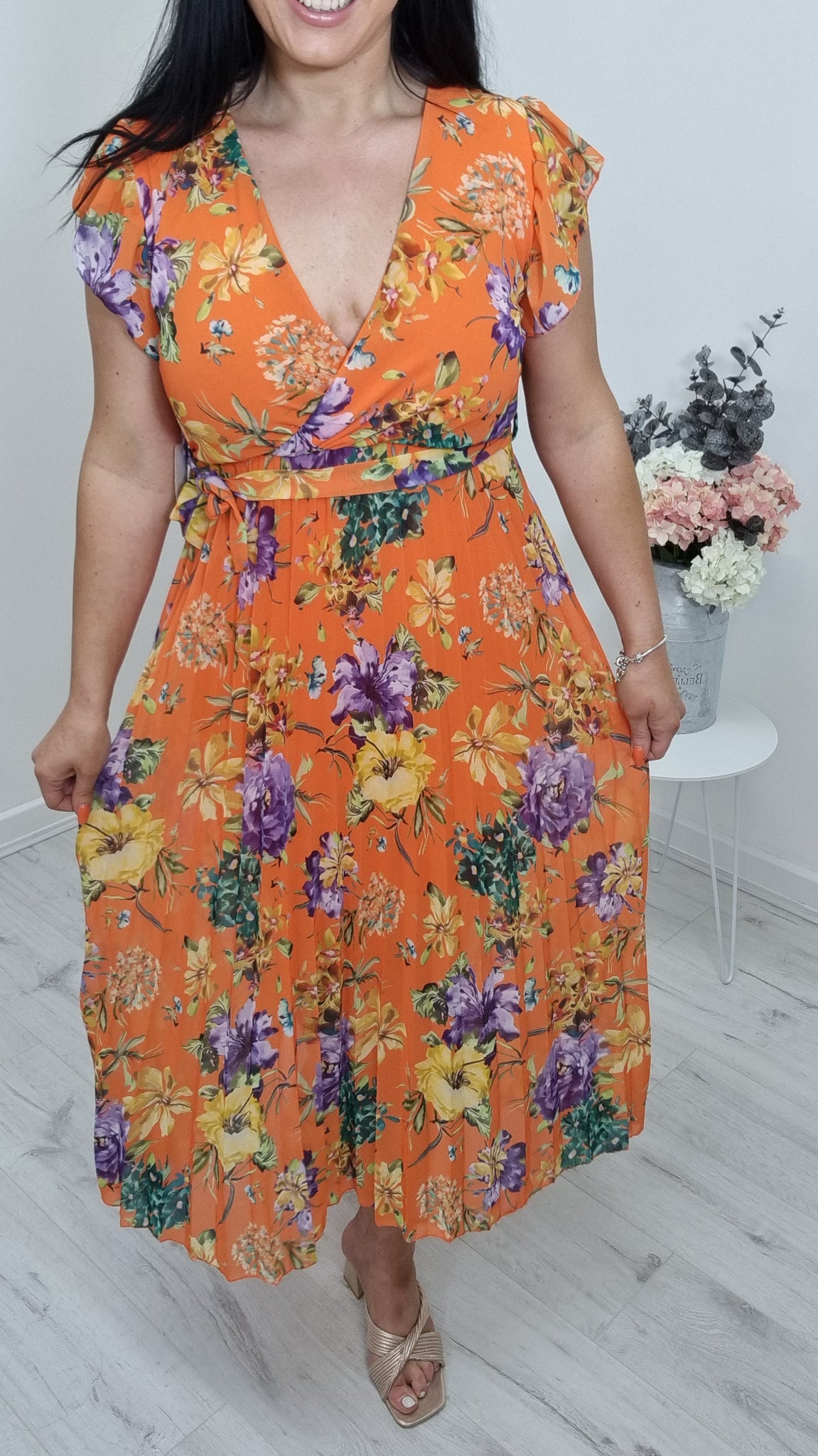 Rosie Floral Pleated Dress Orange