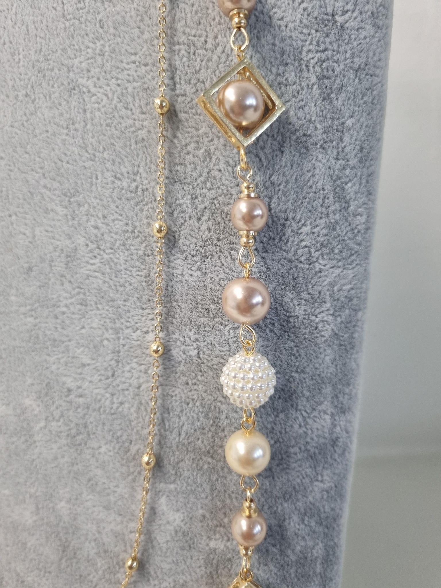 Champagne Pearl Necklace with Gold Squares