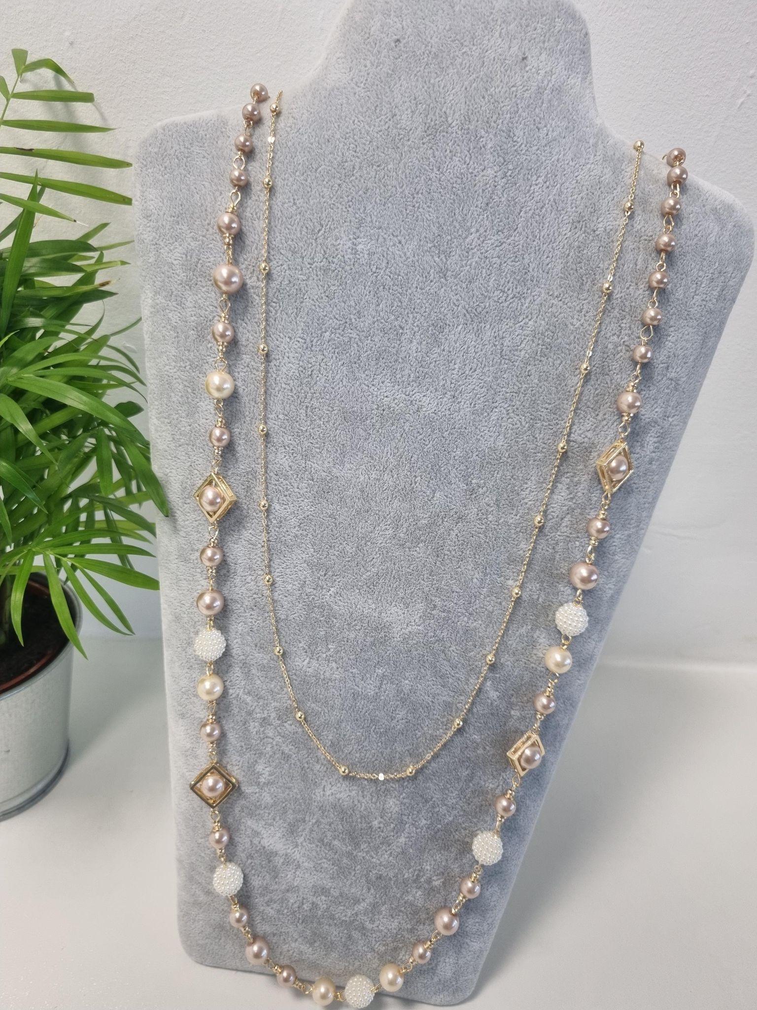 Champagne Pearl Necklace with Gold Squares