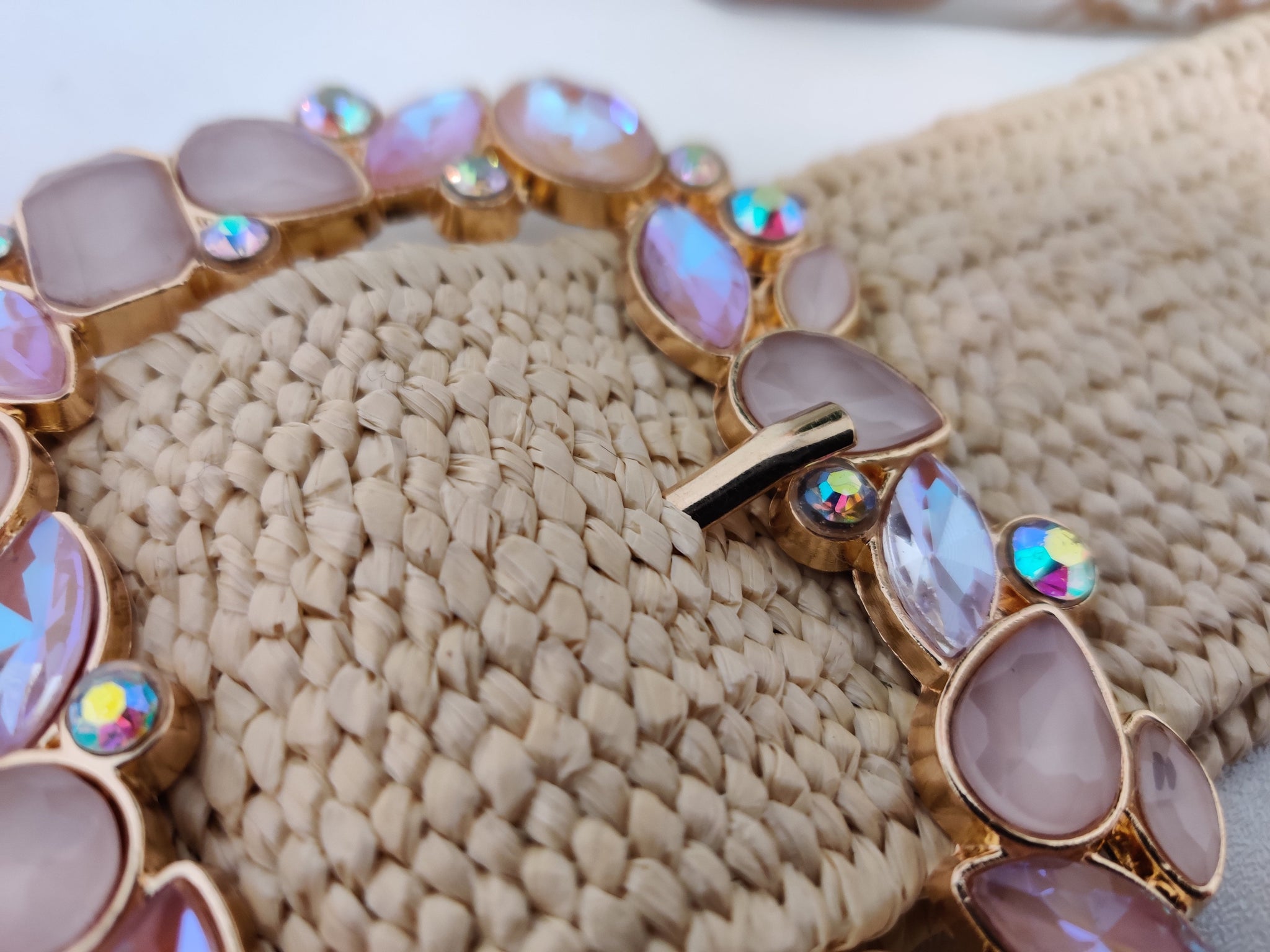 Stretchy Raffia Crystal Buckle Belt - Natural