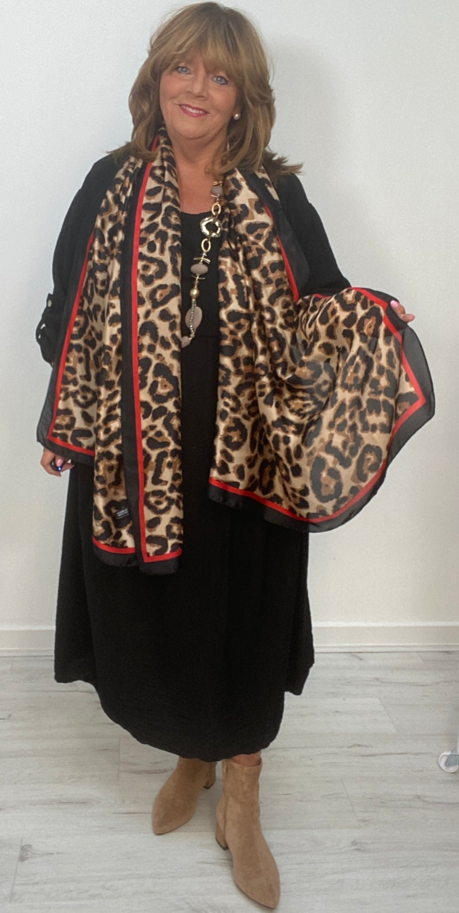 Leopard Print Silky Scarf with Black/Red Border