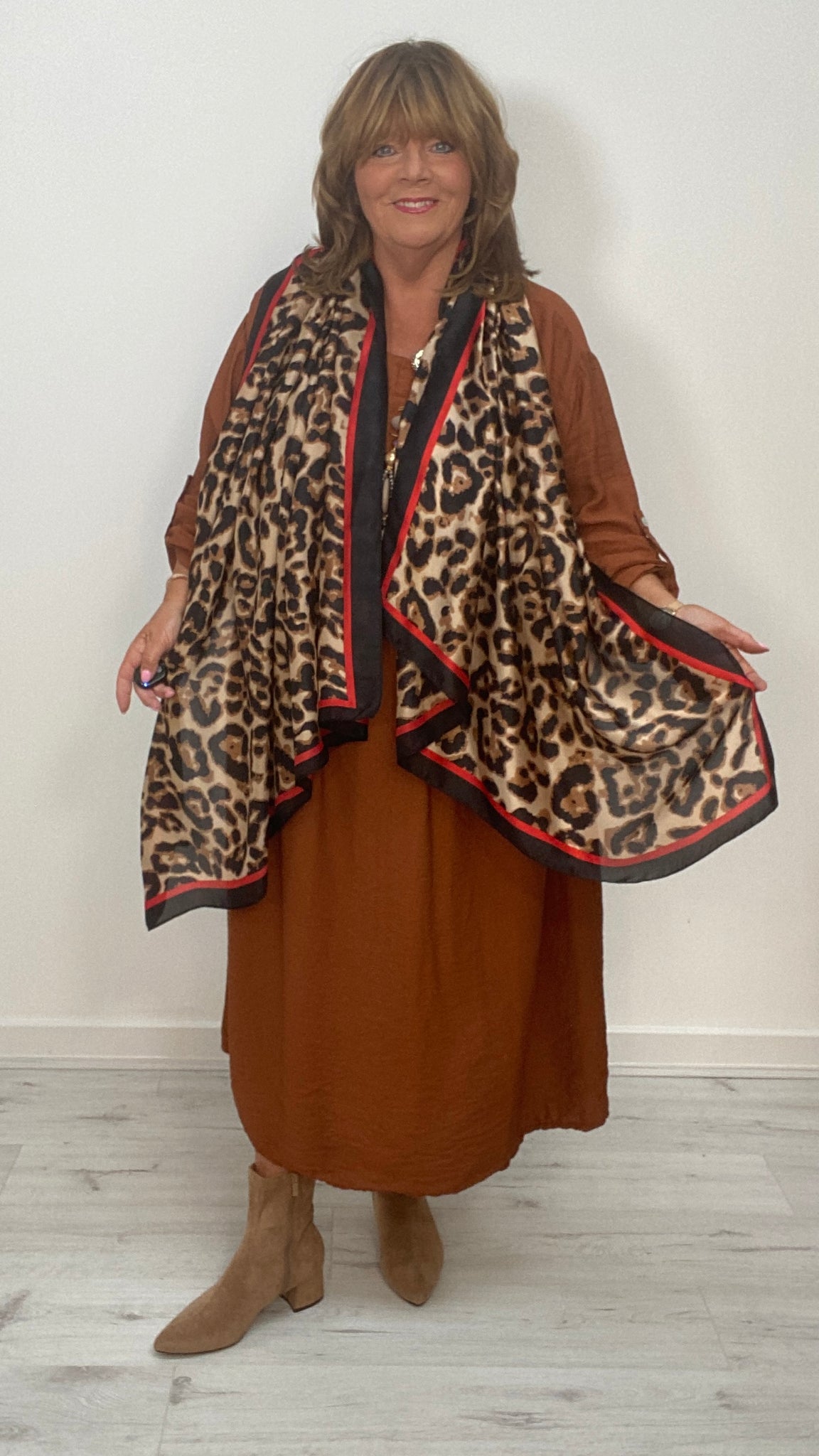 Leopard Print Silky Scarf with Black/Red Border